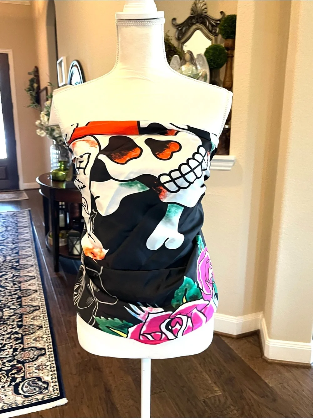 Ed Hardy Black Scarf with Pink Rose Border and Heart Skull Graphic Love